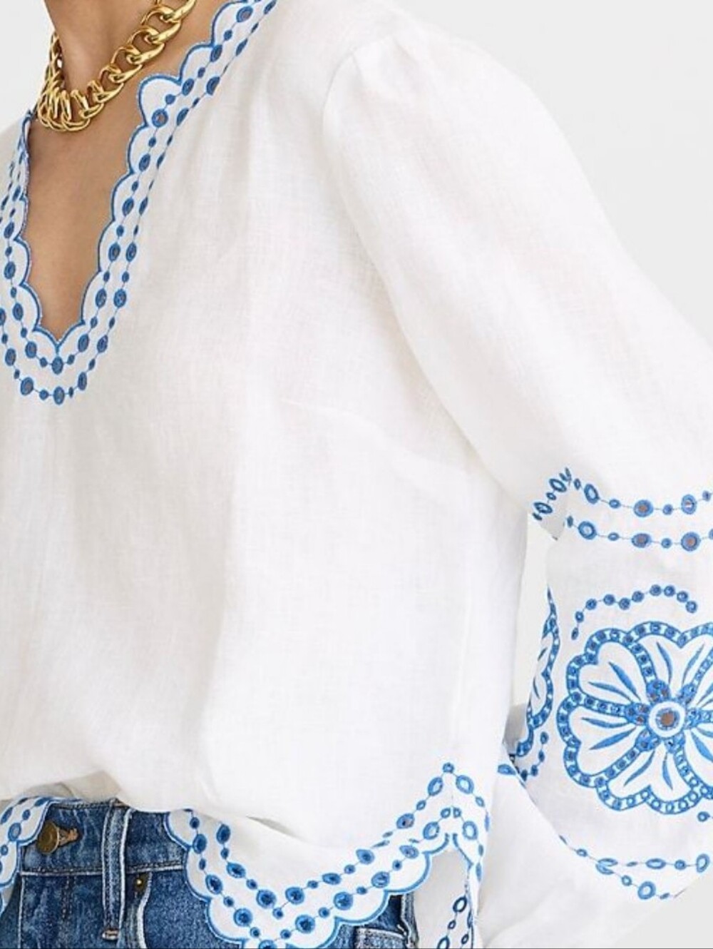 J. Crew Bungalow Embroidered Tunic Top Linen White & Blue Size L - Picture 4 of 12